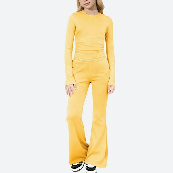 BRGZLK Girls Sweatsuit 2Pcs Outfits Solid color Long Sleeved Casual Ruffled Tops Wide Leg Pants Set Sweatsuit Yoga Tracksuit Yellow 10-11 Years