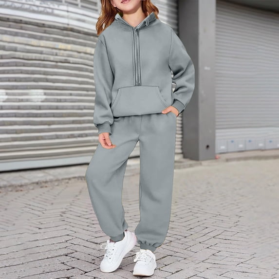 BRGZLK Girls Sweatsuit Outfits Solid Color Long Hooded Sweatshirt and Ankle Cuff Sweatpants Casual Sports Two Pieces Set with Pockets Gray 12-13 Years