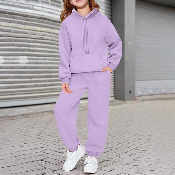 BRGZLK Girls Sweatsuit Outfits Solid Color Long Hooded Sweatshirt and Ankle Cuff Sweatpants Casual Sports Two Pieces Set with Pockets Purple 9-10 Years