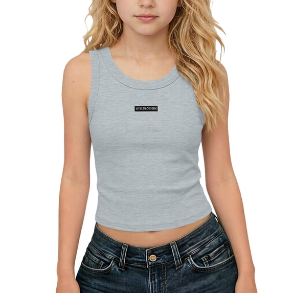 BRGZLK Girls Tank Tops 2026 Summer Round Neck Athletic Ribbed Sleeveless Crop Top Comfortable Breathable Workout Running Sports Basic Camisole Gray 5-6 Years