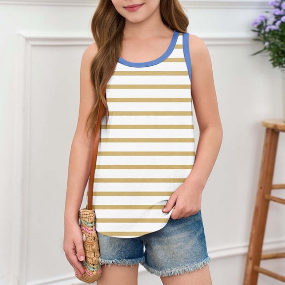 BRGZLK Girls Tank Tops Loose Fit Casual Round Neck Summer Sleeveless Shirts Basic Trendy Striped Printed Tunic Tops OutFits Clothes Light Blue 9-10 Years