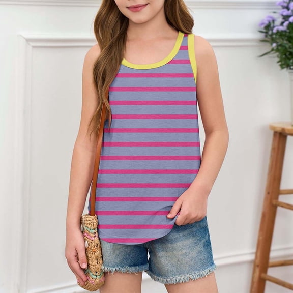 BRGZLK Girls Tank Tops Loose Fit Casual Round Neck Summer Sleeveless Shirts Basic Trendy Striped Printed Tunic Tops OutFits Clothes Yellow 7-8 Years