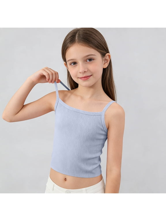 Girls Tank Tops Summer Solid Color Toddler Spaghetti Strap Ribbed Knit Camisole Soft Comfortable Casual Basic Cami Top Blue 11-12 Years