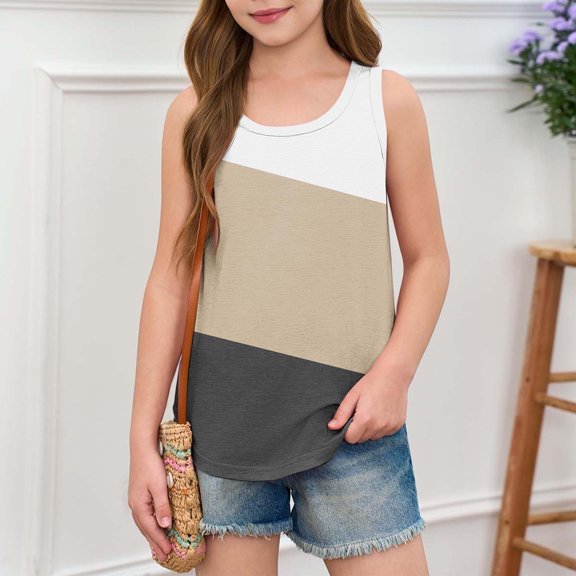 BRGZLK Girls Tank Tops Summer Trendy Color Blocked Print Sleeveless Shirts Loose Fit Square Neck Basic Casual Tunic Tops Khaki 11-12 Years