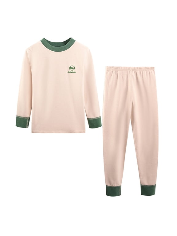 Girls Thermal Underwear Set Long Sleeve Round Neck Base Layer Homewear Set Kids Autumn Clothes Elastic Waist Pants Warm Loungewear Beige 2-3 Years