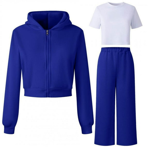 BRGZLK Girls Three Pieces Outfits Solid Color Long Sleeve Hooded Sweatshirt Short Sleeve Top Sweatpants Casual Sports Fleece Lined Warm Sweatshirt Blue 7-8 Years