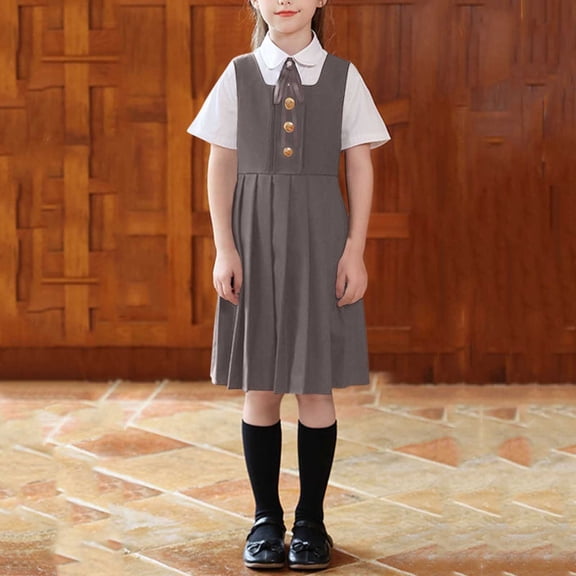 BRGZLK Girls Three Pieces Skirt Suit Solid Color Trendy Comfy Short Sleeve Turn Down Collar Top and Crew Neck A-Line Pleated Dress with Bow Tie School Uniform Gray B 7-8 Years