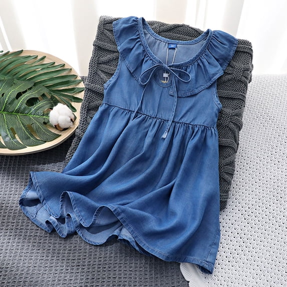 BRGZLK Girls Tie Front Denim Dress Summer Solid Color Lace Trim Collar Breathable Cool Denim Dresses Ruffle Sleeveless Sundress Dark Blue 7-8 Years