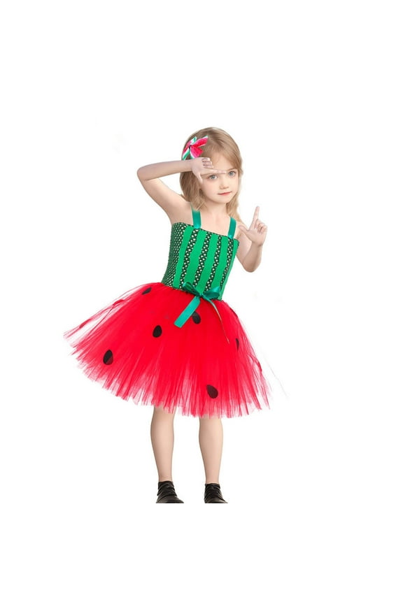 Girls Tulle Tutu Dress Kids Sleeveless Sequin A Line Watermelon Printing Patchwork Dresses Halloween Birthday Party Red 5-6 Years