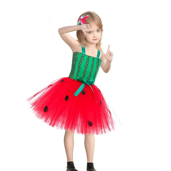 BRGZLK Girls Tulle Tutu Dress Kids Sleeveless Sequin A Line Watermelon Printing Patchwork Dresses Halloween Birthday Party Red 7-8 Years