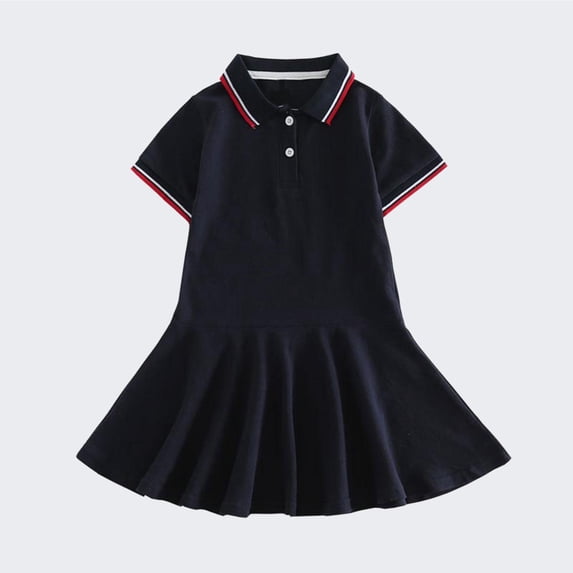 BRGZLK Girls Turn-Down Collar Dress Summer 2026 Short Sleeve Pleated School Uniform Dresses Soft Comfy Cotton Athletic Dresses for Kids Black 14-15 Years