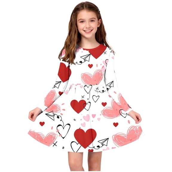 BRGZLK Girls Valentines Dress Heart Printed Long Sleeve Round Neck Dress Girl Ballet Skirt Cute Sundress Kids Outfits Beige 9-10 Years