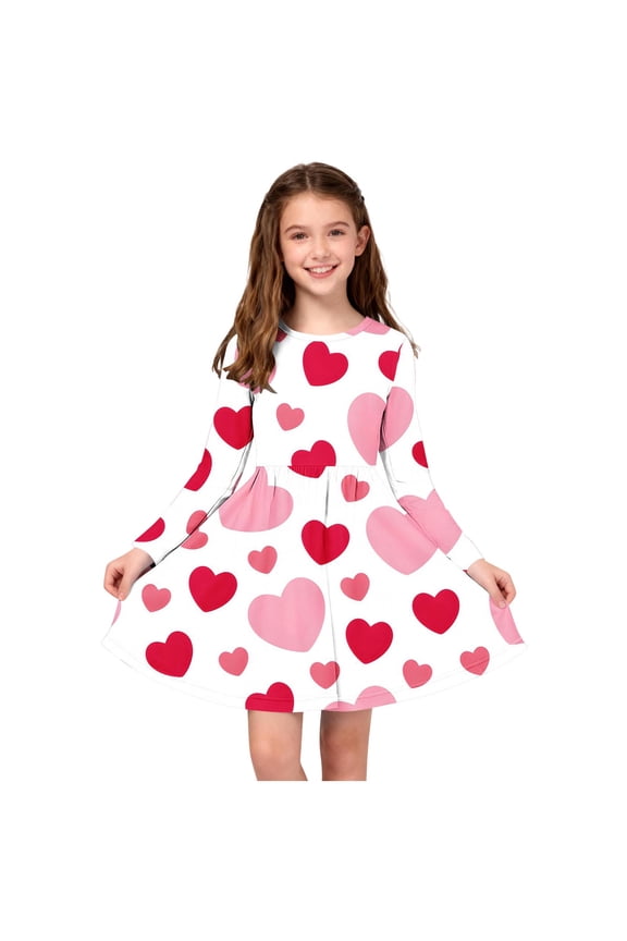 Girls Valentines Dress Heart Printed Long Sleeve Round Neck Dress Girl Ballet Skirt Cute Sundress Kids Outfits Pink 7-8 Years