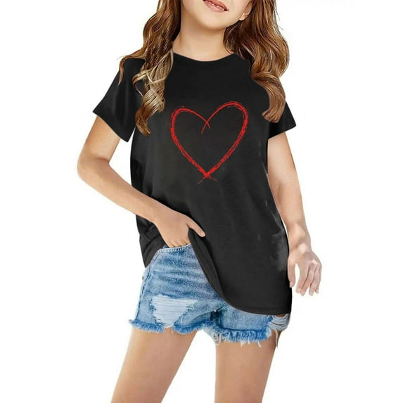 BRGZLK Girls Valentines T Shirt Trendy Casual Funny Love Heart Graphic Round Neck Short Sleeve Summer Basis Tops Shirt Black 3-4 Years
