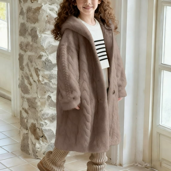 BRGZLK Girls White Coat Kids Fluffy Long Sleeve Hooded Button Jacket Winter Trendy Outwear with Pockets for Kids Coffee 2-3 Years