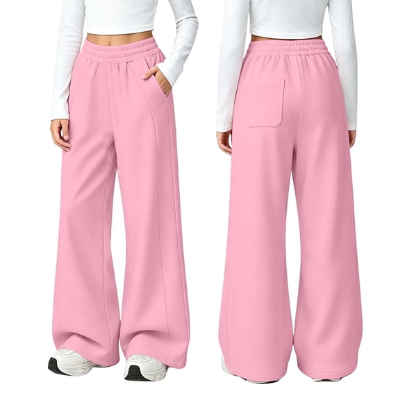 BRGZLK Girls Wide Leg Sweatpants Solid Color Elastic Waist Fleece Lined Warm Cozy Baggy Sweat Pants Relaxed Fit Long Pants Fall Winter Fashion Clothes 2026 Pink 14-15 Years
