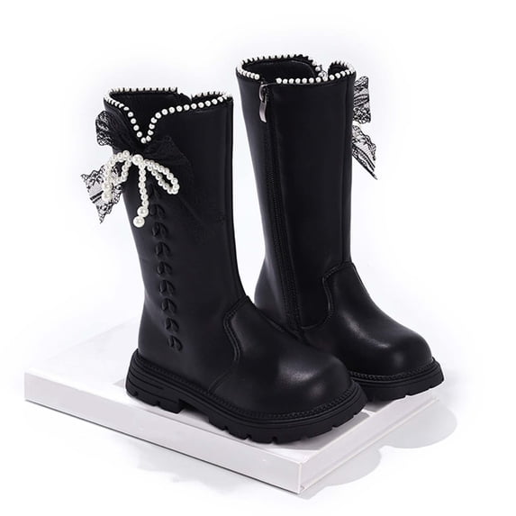 BRGZLK Girls Winter Boots Cute Pearl Bow Decor Side Zipper Cowgirl Knee High Riding Boots Stylish Non-Slip Chunky Heel Waterproof Tall Boot Black 13.5 Little Kids
