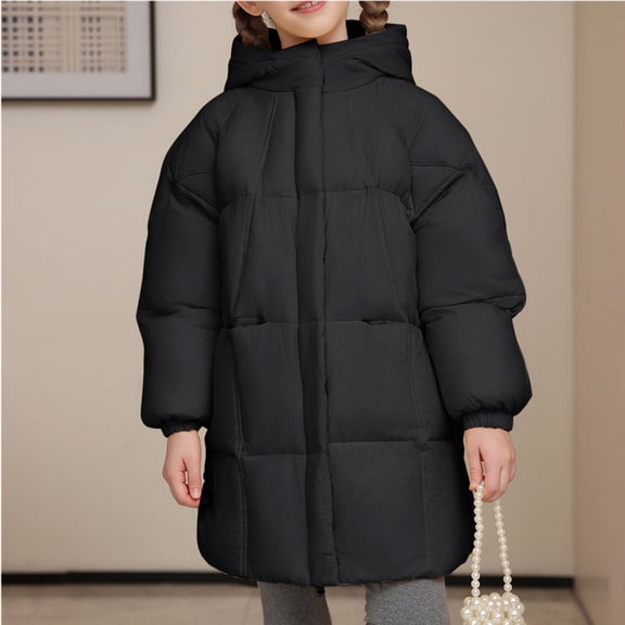 BRGZLK Girls Winter Coats Solid Color Zipper Thickened Hooden Casual Sports Cozy Fashion Long Sleeved Padded Coat for Girls Boys Black 4-5 Years