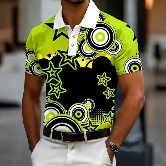 BRGZLK Golf Shirts For Men Short Sleeve Dry Fit Geometric Printed Moisture Wicking Button Performance Print Polo Shirt For Tennis Hiking Camping