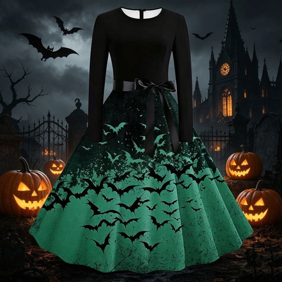 BRGZLK Halloween Costume Womens Midi Dress 2026 Trendy Crew Neck Long Sleeve Soft Comfy Breathable Cocktail Dresses Vintage Medieval Party Dress with Belt Green XL