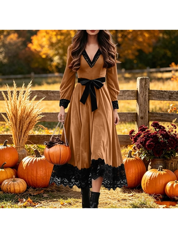 Halloween Costume Womens Velvet Dress Elegant Lace Trim V-Neck Long Sleeve Soft Cozy Midi Dresses Flowy A Line Wedding Guest Dresses Gothic Ren Faire Costumes Brown XL