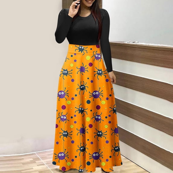 BRGZLK Halloween Dresses for Women Funny Graphic Round Neck Long Sleeve Elastic High Waist Patchwork Maxi Dress A-Line Flowy Swing Dress for Party or Daily Orange A XXL