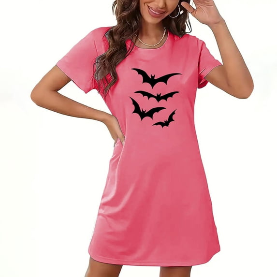 BRGZLK Halloween Nightgowns for Women Cute Bat Print Crewneck Short Sleeve Night Dress Lightweight Soft Comfy Casual Nightgown Hot Pink L