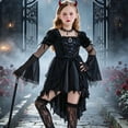 thumbnail image 1 of BRGZLK Halloween Witch Costume Dress for Girls Novelty Square Neck Lace Mesh Puff Long Sleeve Dresses Themed Party Dress Up Costume Black 9-10 Years, 1 of 9