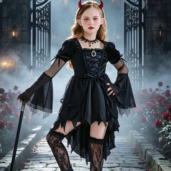 BRGZLK Halloween Witch Costume Dress for Girls Novelty Square Neck Lace Mesh Puff Long Sleeve Dresses Themed Party Dress Up Costume Black 9-10 Years