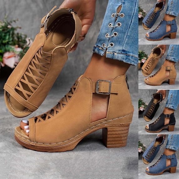 BRGZLK Heels Sandals For Women 2026 Peep Toe Lace Up Sandal Adjustable Strappy Chunky Heel Slingback Hollow Out Comfortable Cushion Footbed Recovery Orthopedic Casual Shoes For Outdoor Indoor