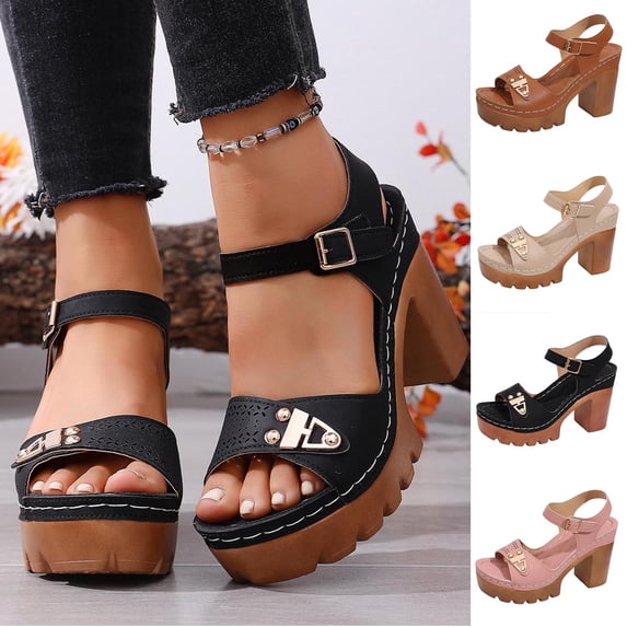 BRGZLK High Heel Sandals For Women Metallic Buckle Block Heel Perforated Toe Closed Toe Cushioned Casual Summer Party Date Night Wear Effortless Traction
