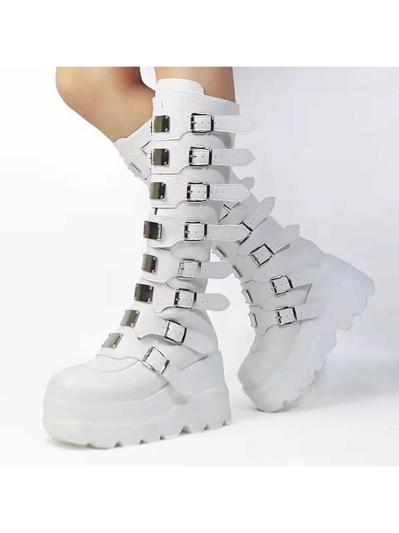 High Platform Knee High Boots Women Combat Goth Punk Motorcycle Chunky Heel Wedge Black Side Zip Booties with Metal Buckle Straps 2026 Autumn Winter White 39