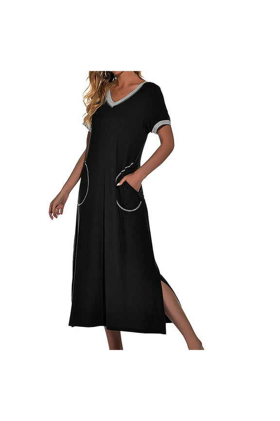 House Dresses for Women with PocketsNightgown Short Sleeve Dress Lounge Dress Oversized Sleep Tshirts Dress Sleepwear With Pocket Fit Black XXL