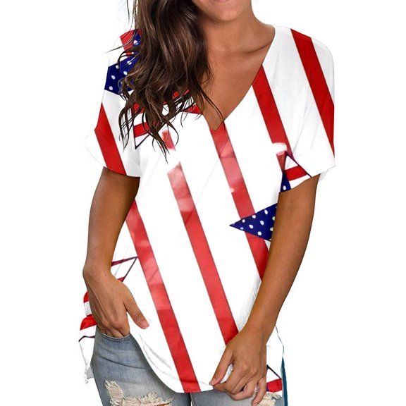 BRGZLK Independence Day Gift Shirts For Women Summer Trendy USA Flag Graphic Tees Loose Fit Casual V Neck Short Sleeve Blouse T-Shirt White S
