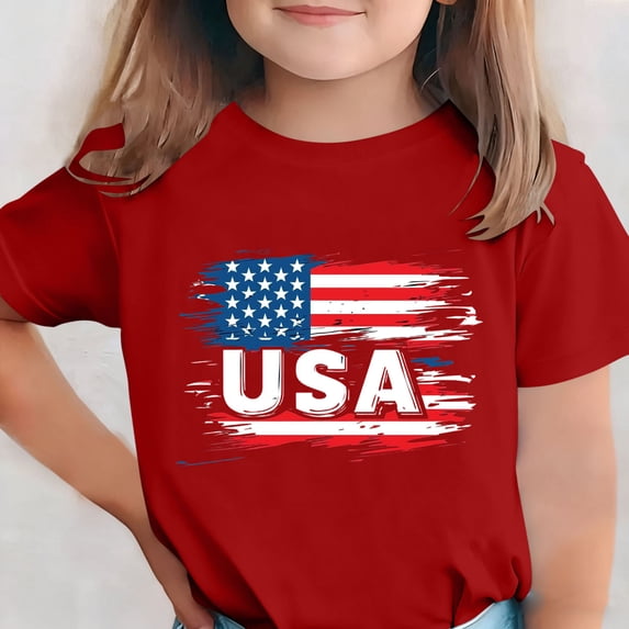 BRGZLK Independence Day Kids T-Shirt Unisex Short Sleeve Round Neck USA Flag Stars and Stripes Graphic Tees 4th of July T-Shirts Patriotic Basic Tops for Summer Daily Red 14-15 Years