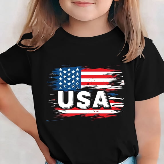 BRGZLK Independence Day Kids T-Shirt Unisex Short Sleeve Round Neck USA Flag Stars and Stripes Graphic Tees 4th of July T-Shirts Patriotic Basic Tops for Summer Daily Black 10-11 Years