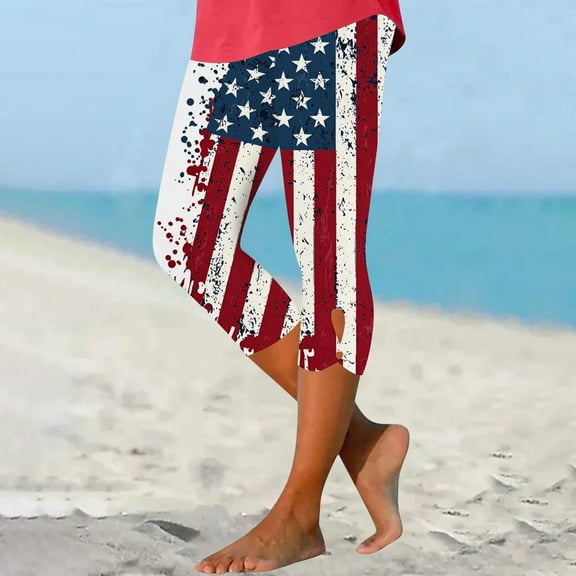 BRGZLK Independence Day Leggings For Women High Waisted Slim Stretch Soft Yoga Pants Classic Printed Summer Capris Navy XL