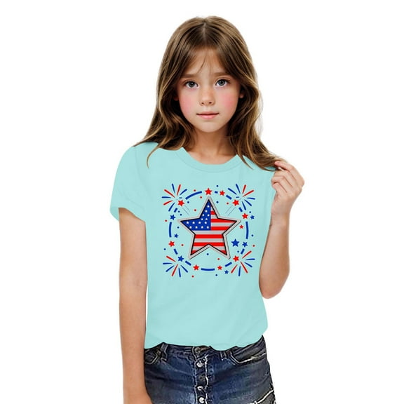 BRGZLK Independence Day Patriotic For Kids Boys Girls Fashion American Flag Print Round Neck Tees Casual Short Sleeve Cotton Tops Blue 5-6 Years