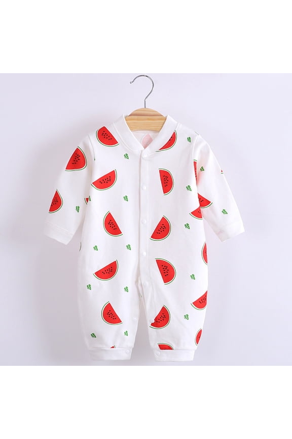 Infant Baby Boys Girls Jumpsuits Cute Watermelon Print Button-Down Round Neck Long Sleeve Soft Comfortable Cotton Rompers White 3-6 Months