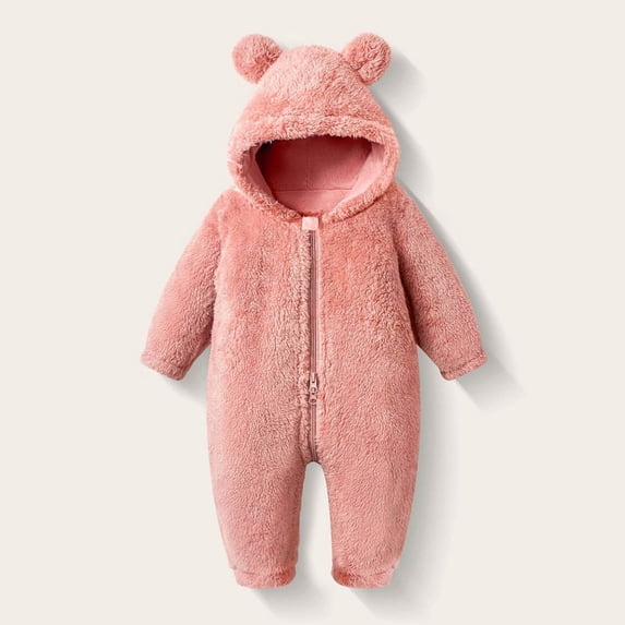 BRGZLK Infant Baby Furry Jumpsuit Winter Solid Color Cute Bear Onesies Zipper Long Sleeve Hoodie One-Piece Romper Newborn Plush Warm Crawling Suit Pink 3-6 Months