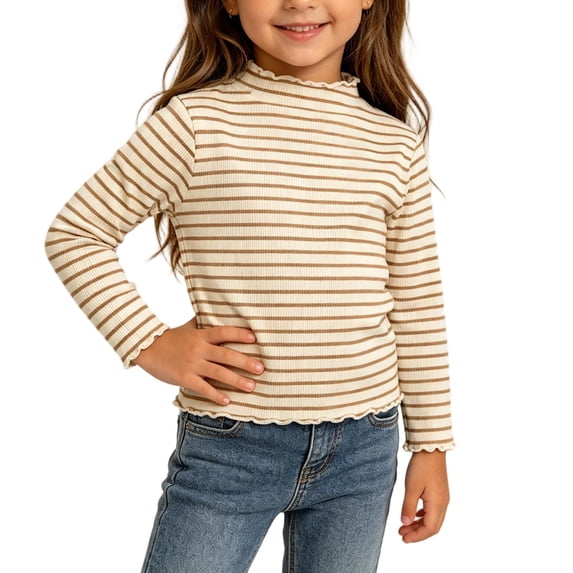 BRGZLK Infant Baby Girls Ruffle Trim Shirts Fall Winter Sweet Cute Stripe Print Mock Neck Long Sleeve Cotton Basic T-Shirt Toddler Slim Fit Ribbed Knit Undershirts Brown 2-3 Years