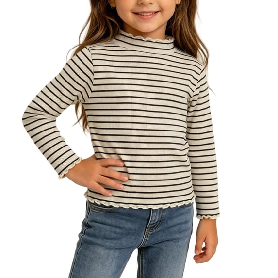 BRGZLK Infant Baby Girls Ruffle Trim Shirts Fall Winter Sweet Cute Stripe Print Mock Neck Long Sleeve Cotton Basic T-Shirt Toddler Slim Fit Ribbed Knit Undershirts Black 2-3 Years