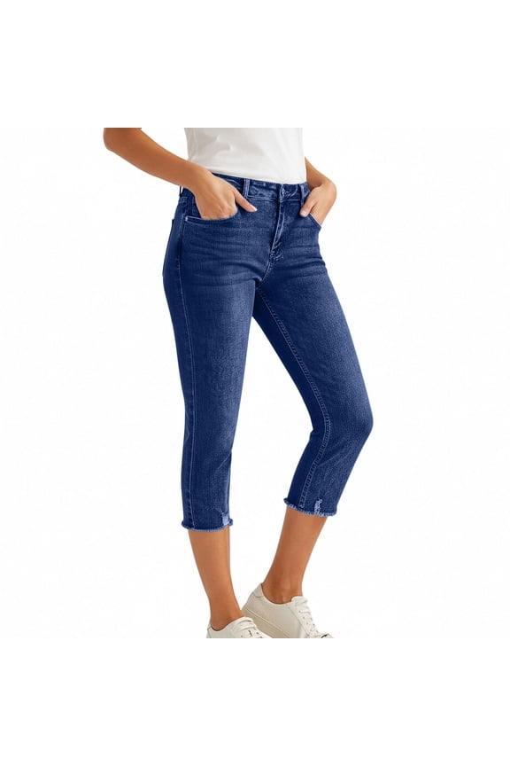 Jean Capri Pants For Women High Waisted Ripped Skinny Jeans Stretchy Denim Cropped with Pockets