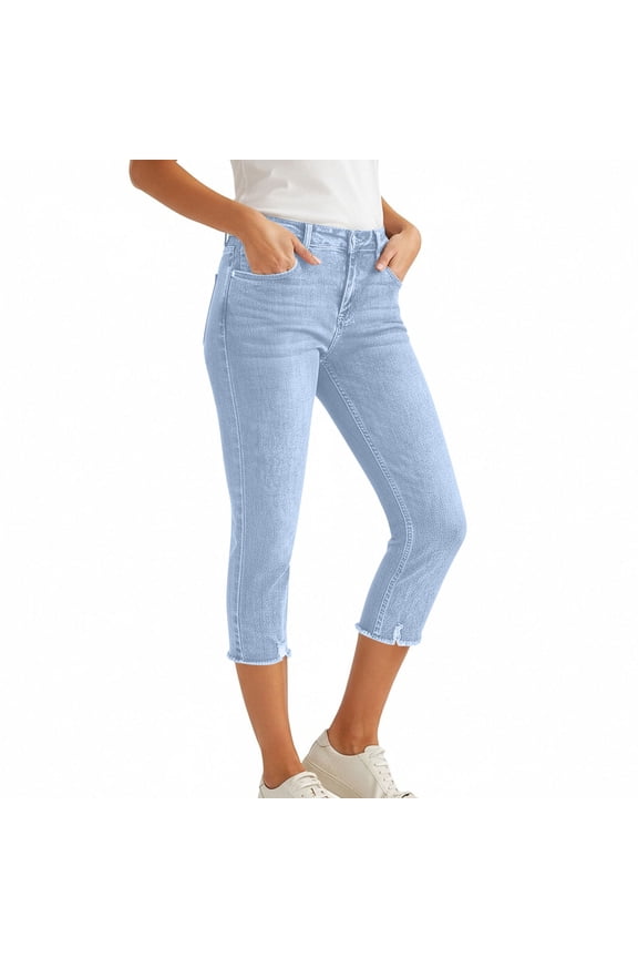 Jean Capri Pants For Women High Waisted Ripped Skinny Jeans Stretchy Denim Cropped with Pockets