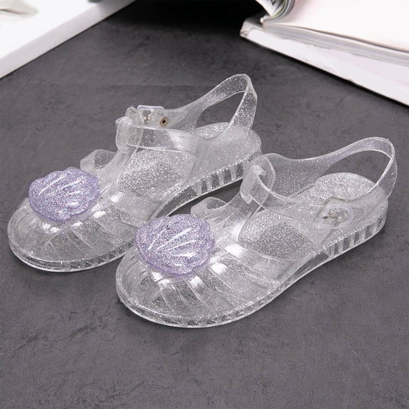 BRGZLK Jelly Sandals for Girls Summer Casual Cute 3D Shell Princess Shoes Vacation Beach Cut-Out Soft Sole Breathable Comfortable Ankle Strap Flat Sandal Purple 5-5.5 Years
