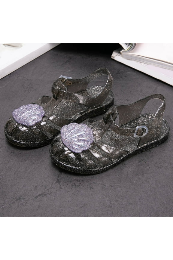 Jelly Sandals for Girls Summer Casual Cute 3D Shell Princess Shoes Vacation Beach Cut-Out Soft Sole Breathable Comfortable Ankle Strap Flat Sandal Black 5-5.5 Years