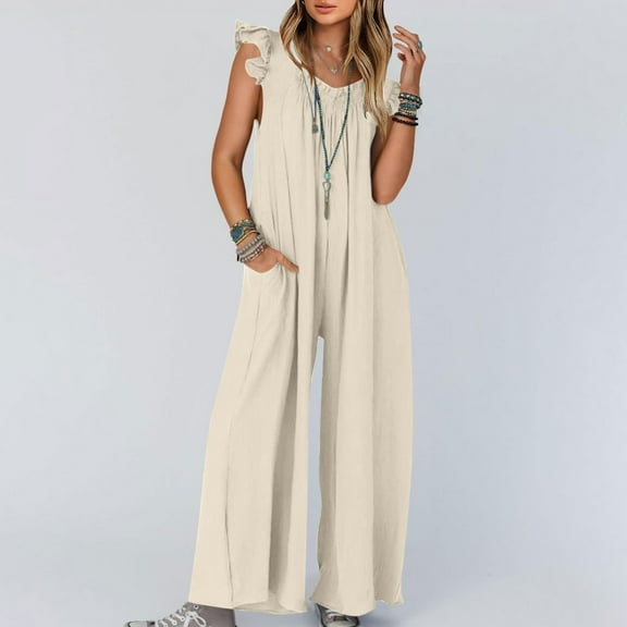 BRGZLK Jumpsuits for Women 2025 Summer Fashion Solid Casual V Neck Shirred Ruffle Sleeveless Belted High Waist Long Pants Rompers Beige M