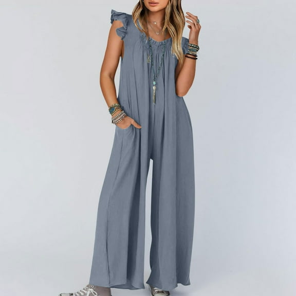 BRGZLK Jumpsuits for Women 2025 Summer Fashion Solid Casual V Neck Shirred Ruffle Sleeveless Belted High Waist Long Pants Rompers Gray L
