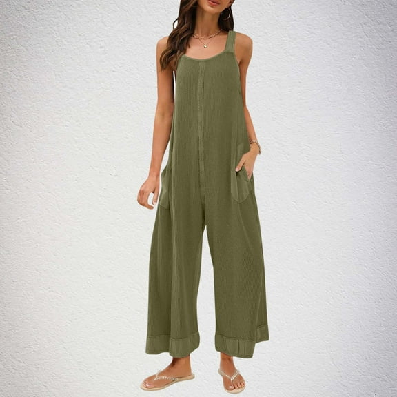BRGZLK Jumpsuits for Women Fashion Solid Color Loose Adjustable Sleeveless Waffle Overalls Wide Leg Long With Pockets Army Green XL