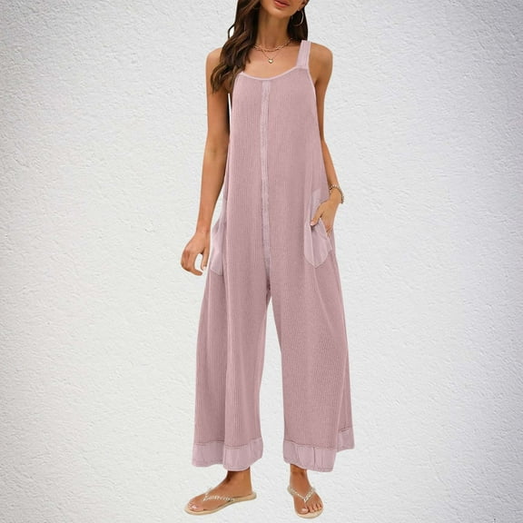 BRGZLK Jumpsuits for Women Fashion Solid Color Loose Adjustable Sleeveless Waffle Overalls Wide Leg Long With Pockets Hot Pink L